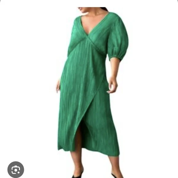 Anthropology Green Pleated V Neck Midi Dress Size Large - Picture 3 of 7